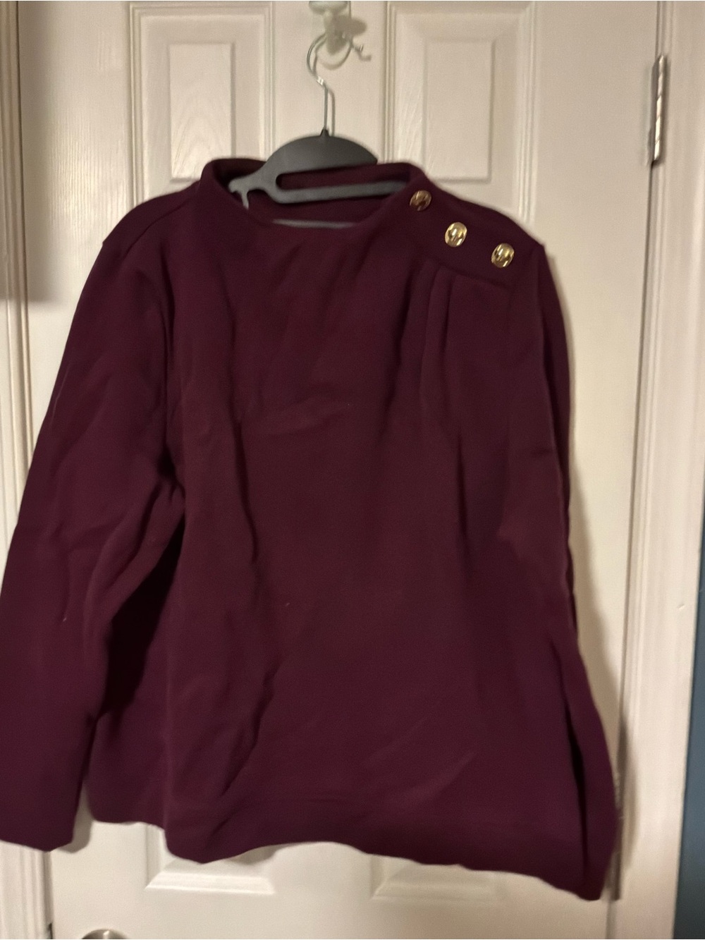 Talbots Burgundy Crewneck Sweater with Gold Shoulder Buttons